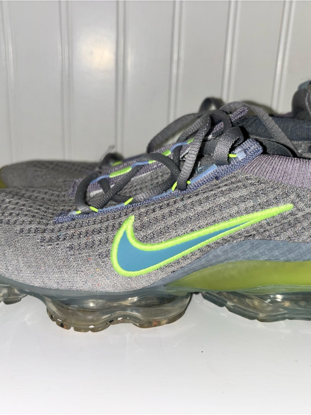 Nike Kids Gray and Lime Green Air VaporMax Sneakers